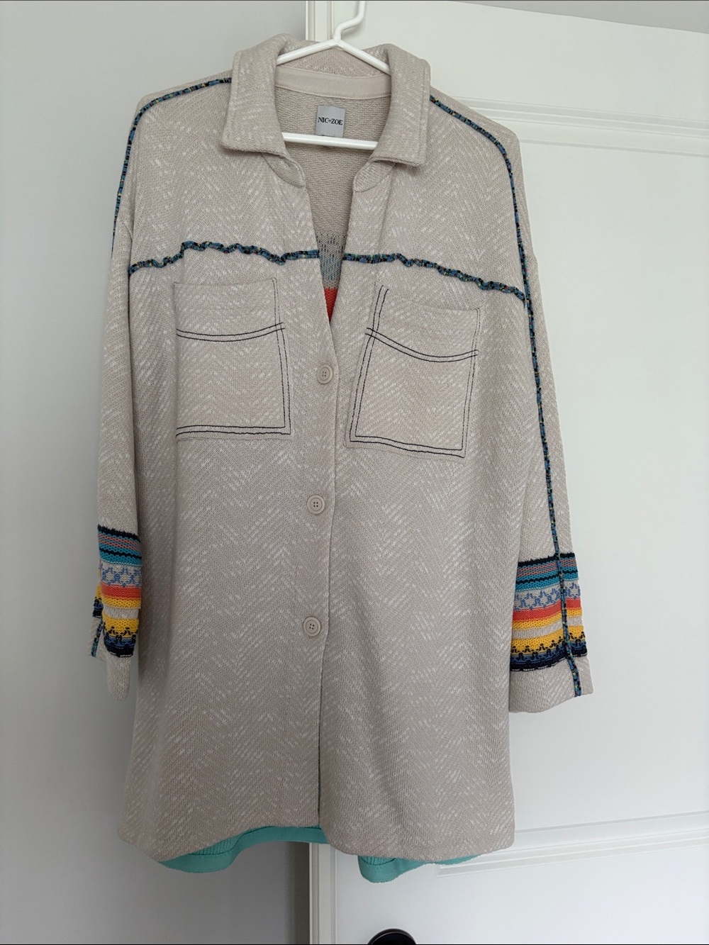 NIC+ZOE Cream Button-Front Knit Jacket with Multicolor Sleeve Trim